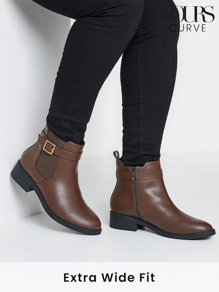 Yours Curve Brown Wide Fit Extra-Wide Fit Buckle Faux Leather Ankle Boots (AF7531) | ₪201