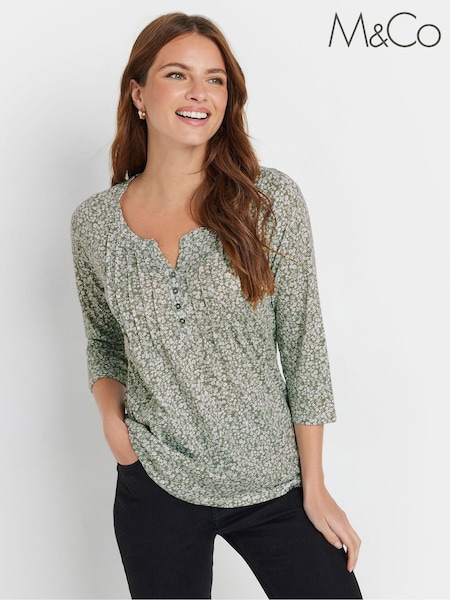 M&Co Green 3/4 Sleeve 100% Cotton Henley Top (AF7537) | AED140