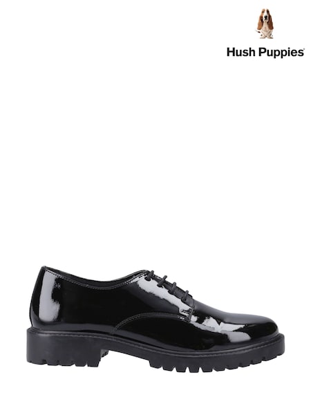 Black - Hush Puppies Aubrey Lace Up Patent Senior School Shoes