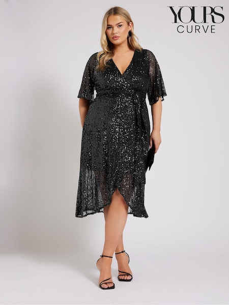 Yours Curve Black London Sequin Wrap Tulip Dress (AF7643) | €47.50