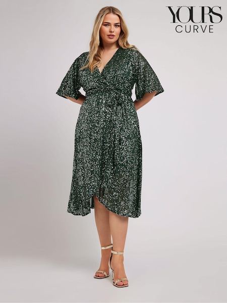 Green - Yours Curve London Sequin Wrap Tulip Dress (AF7654) | 313 LEI