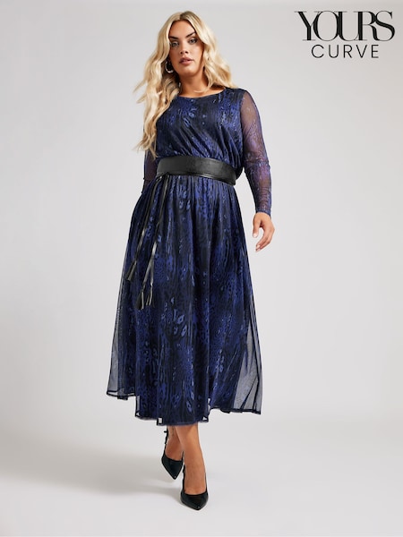 Yours Curve Blue London Longsleeve Mesh Dress With PU Belt (AF7657) | 218 QAR