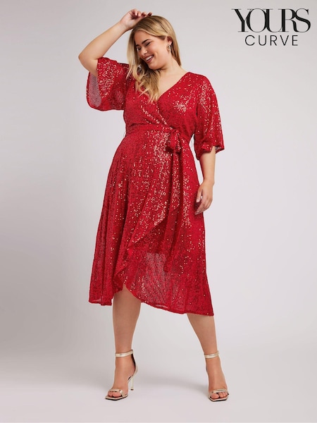 Yours Curve Red London Sequin Wrap Tulip Dress (AF7664) | €49