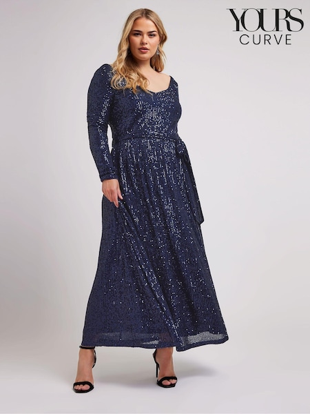 Синий - Yours Curve London Sequin V-Neck Long Sleeve Maxi Dress (AF7672) | €49