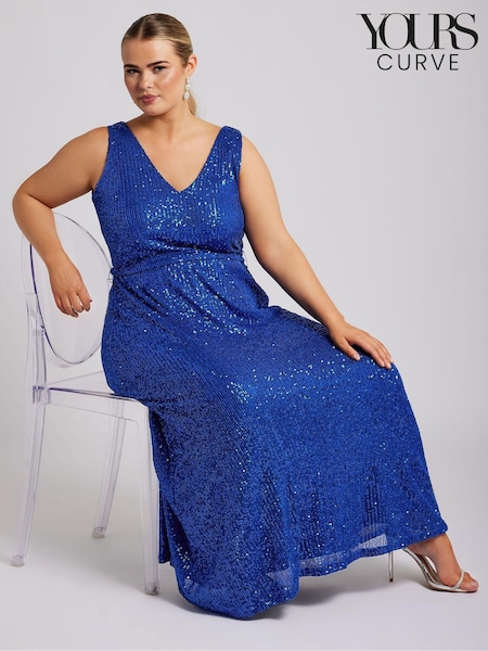 Yours Curve Blue London Sequin V-Neck Maxi Dress (AF7677) | €56