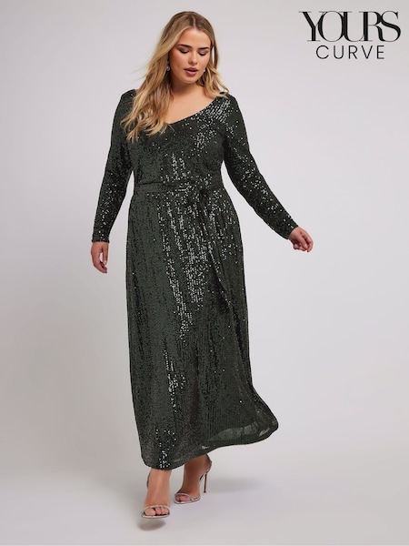 Зеленый - Yours Curve London Sequin V-Neck Long Sleeve Maxi Dress (AF7679) | €49