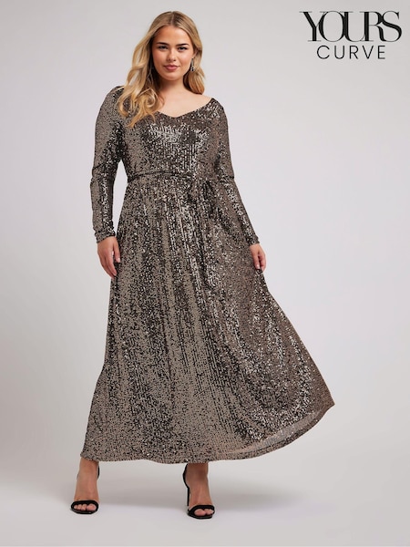 Yours Curve Gold London Sequin V-Neck Long Sleeve Maxi Dress (AF7692) | €50