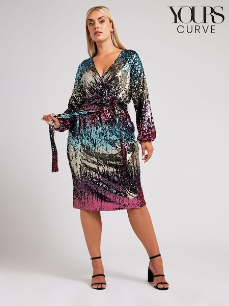 Yours Curve Blue/Pink/Gold London Sequin Ombre Wrap Dress (AF7695) | €51