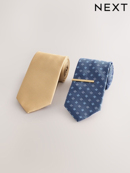 Yellow/Blue Textured Ties And Tie Clips 2 Pack (AF7722) | 109 QAR