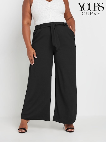 Yours Curve Black Textured Tie Waist Wide Leg Trousers (AF7755) | AED157