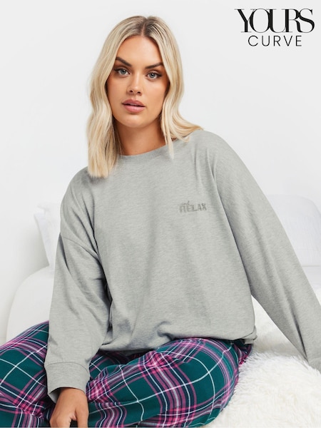 Yours Curve Grey Longsleeve Embroidered Pyjamas Top (AF7770) | R$ 190