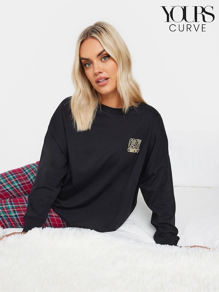 Yours Curve Black Longsleeve Embroidered Pyjamas Top (AF7778) | R$ 190