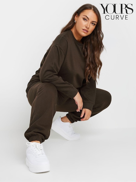 Yours Curve Brown Crewneck Sweatshirt with Cuffed Chocolate Joggers Set (AF7815) | €51