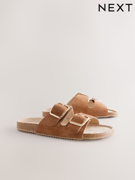 Tan Brown Suede Buckle Sliders Slippers (AF7850) | ₪93