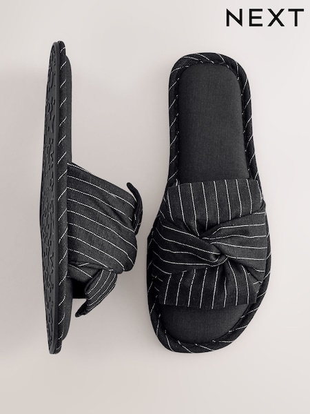 Black Pinstripe Linen Blend Bow Sliders Slippers (AF7851) | MYR 67