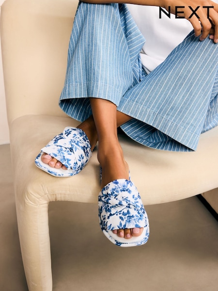 Blue Floral Print Linen Blend Bow Sliders Slippers (AF7852) | €15
