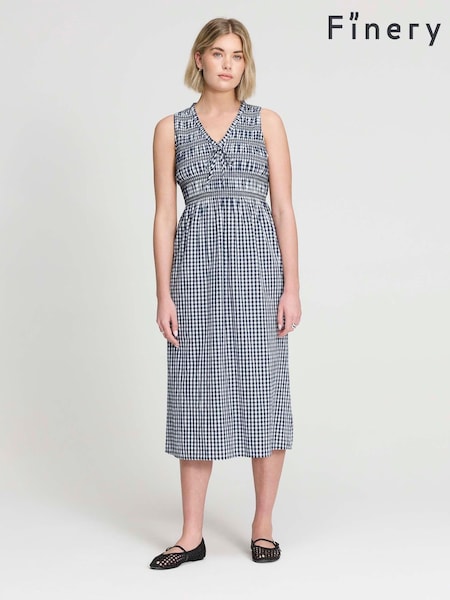 Blue - Finery Hadlee Cotton Gingham Shirred Midi Dress