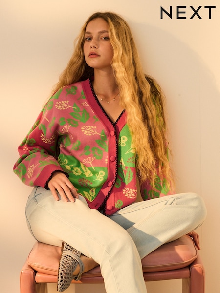 rožnata zelena - Abstract Pattern Knitted Colourful Cardigan (AG0931) | € 51