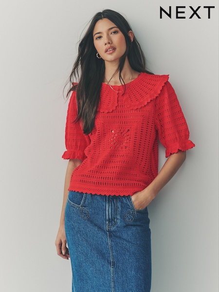 Red 100% Cotton Collared Crochet Short Sleeve Top (AG0936) | €38