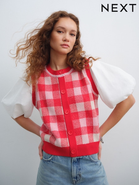 Red Gingham Puff Sleeve Knitted Tank Layer Jumper (AG1637) | €45