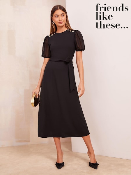 Friends Like These Black Petite Chiffon Puff Sleeve Tie Belt Midi Dress (AG1683) | 111 QAR