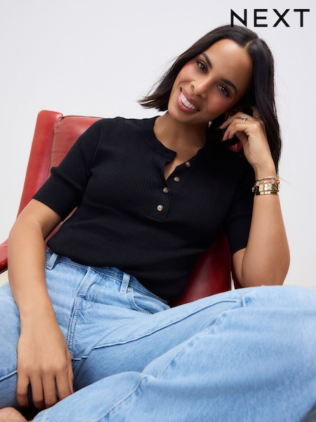 Black Button Up Crew Neck Short Sleeve Top With Linen (AG2171) | €34.50