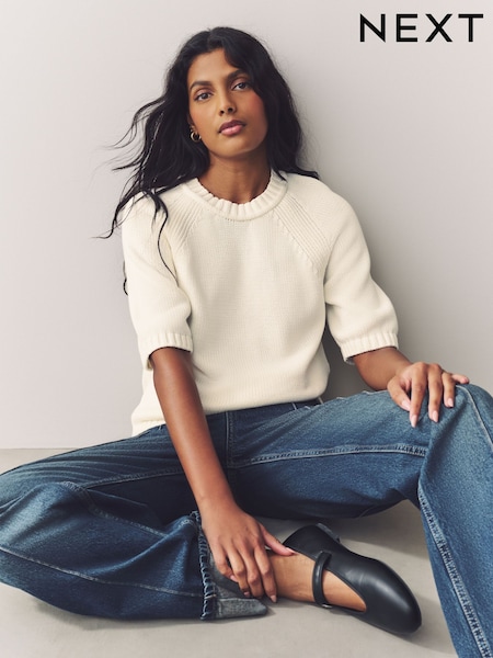 White Ecru 100% Cotton Knitted Short Sleeve Top (AG2173) | €32