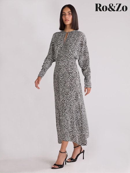 Ro&Zo Black Mono Dalmatian Print Batwing Sleeve Midaxi Dress (AG2179) | 319 QAR