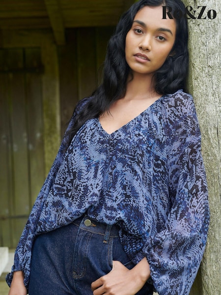Ro&Zo Blue Snake Print Blouson Sleeve Blouse (AG2180) | €52