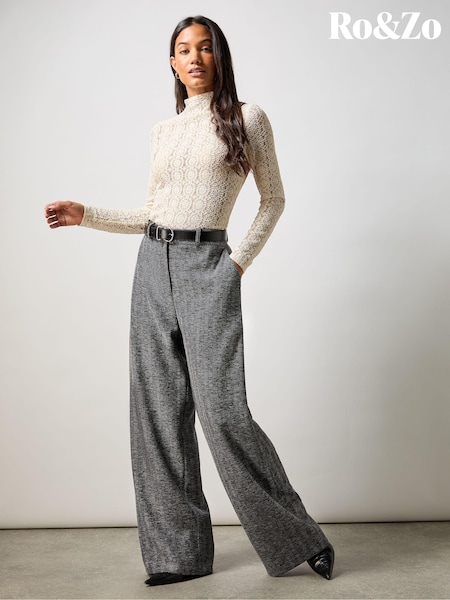 Ro&Zo Grey Herringbone Wide Leg Trousers (AG2201) | 245 QAR