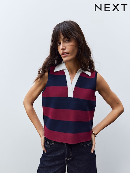 עם פסים בצבע אדמדם-סגול - Smart Knitted Sleeveless Polo Tank (AG2244) | ‏107‏₪