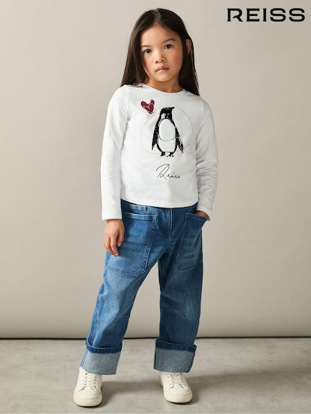 Reiss Ivory Marli 4-9 yrs Cotton Christmas Penguin-Print Logo T-Shirt (AG2246) | €24