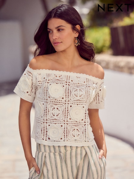 エクリュホワイト - Floral Print Crochet Bardot Off Shoulder Top With Cotton (AG2253) | ¥ 6,020