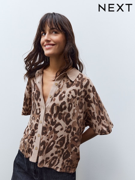 Animal Neutral Knitted Collared Short Sleeve Shirt With Linen (AG2257) | 1,590 UAH