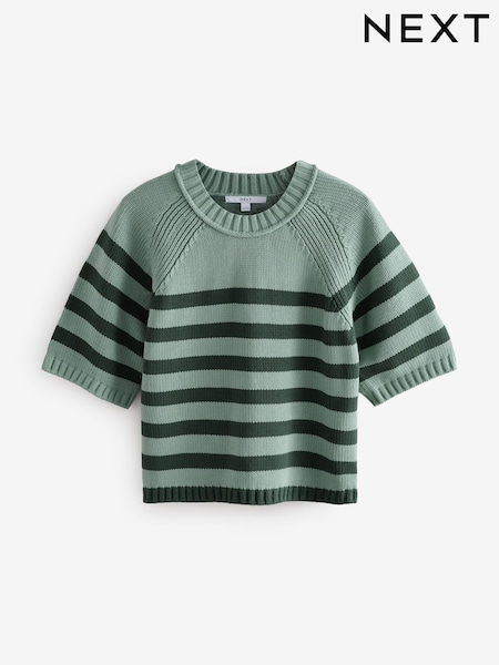 Teal Blue Stripe 100% Cotton Knitted Short Sleeve Top (AG2274) | €38