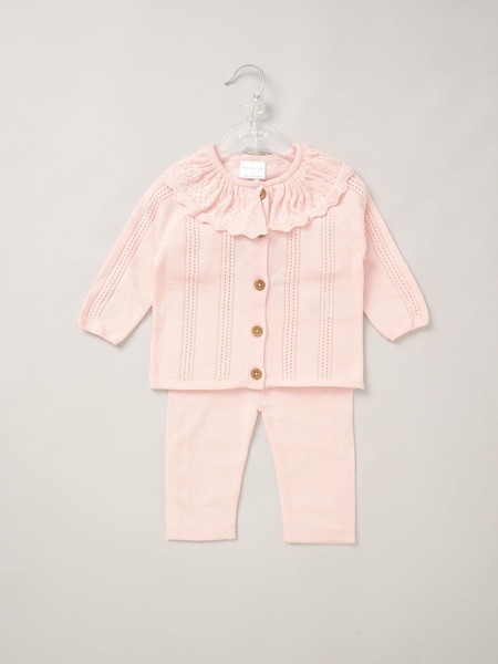 Rock-A-Bye Baby Boutique Girls Pink 100% Cotton Cardigan With Oversized Frill Collar and Trousers Outfit Set (AG2358) | € 21