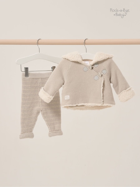 Gris - Rock-a-bye Baby Boutique 100% Cotton True Knit Cardigan With Sherpa Lining And Double Knit Trousers Outfit Set (AG2365) | 42 €