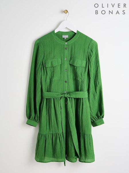 Oliver Bonas Green Textured Button Through Tiered Mini Dress (AG2515) | €47.50