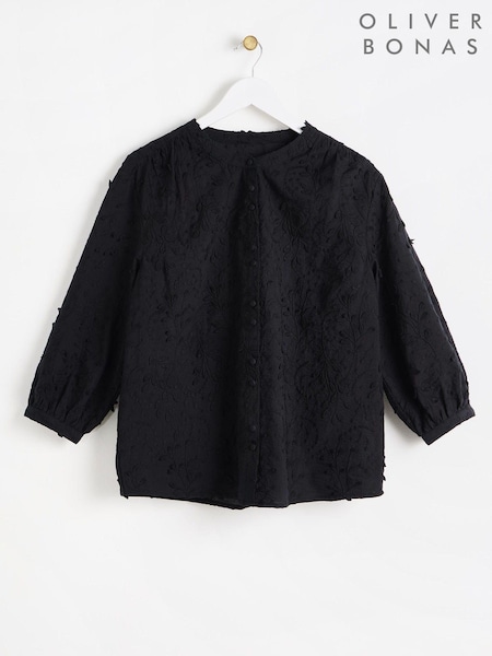 Oliver Bonas Black Broderie Embroidered Floral 100% Cotton Blouse (AG2566) | €38