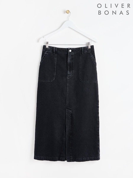 Oliver Bonas Black Washed Denim Midi 100% Cotton Skirt (AG2597) | €60