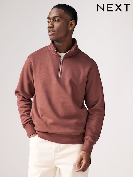 Terracotta Brown Jersey Cotton Rich Quarter Zip Sweatshirt (AG2682) | R$ 305