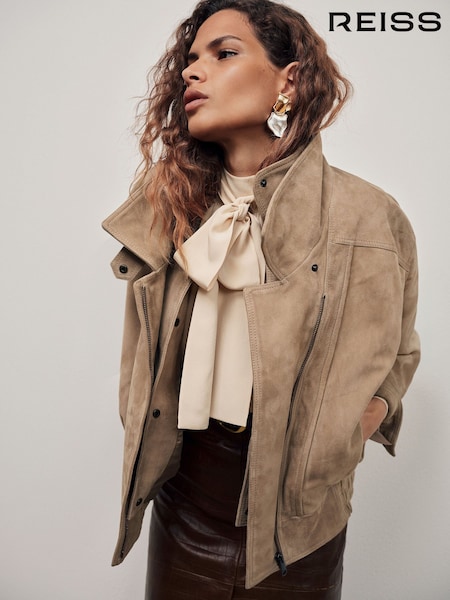 Neutral - Reiss Noa Suede Double-layer Relaxed-fit Jacket