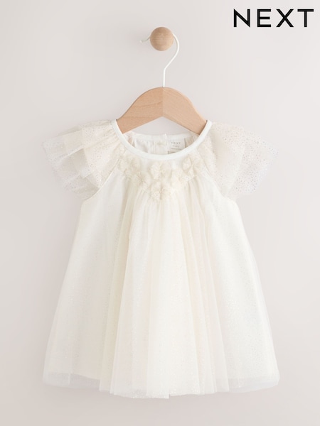 White Mesh Sparkle Frill Shoulder Baby Dress (0mths-2yrs) (AG2875) | 84 QAR - 94 QAR