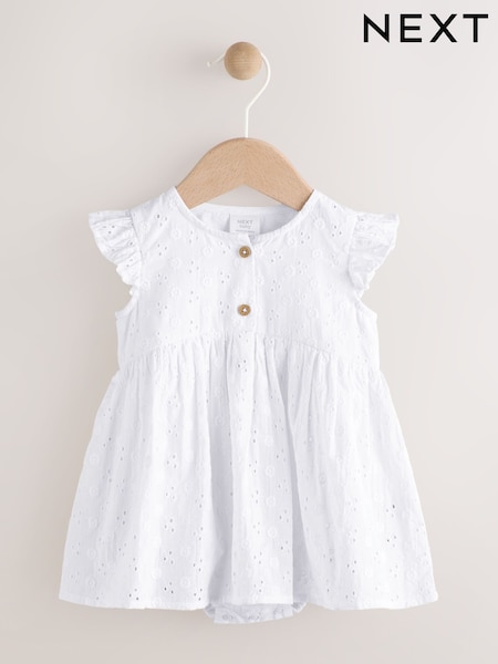 White Baby Broderie Woven Integral 100% Cotton Dress (0mths-2yrs) (AG2885) | €21 - €24