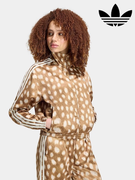 Light Brown - Adidas Originals Bambi All Over Print Satin Loose Firebird Track Top Jacket