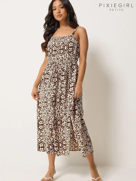 Brun - Pixiegirl Petite Tile Print Tie Strap Midi Dress