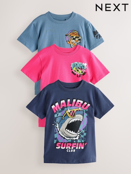 Blue/Pink Summer Animals - Regular Fit Graphic Short Sleeve 100% Cotton T-Shirts 3 Pack (3-16yrs) (AG3067) | 25 € - 33 €