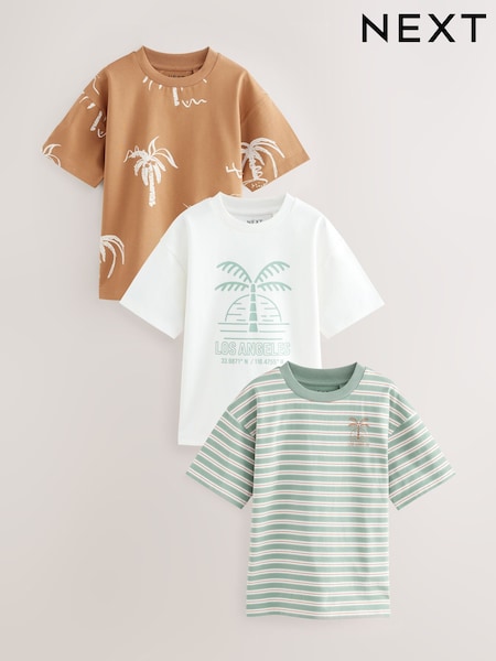 Rust/White/Stripe Palm - Relaxed Fit Graphic Print Short Sleeve 100% Cotton T-Shirts 3 Pack (3-16yrs) (AG3073) | 28 € - 36 €