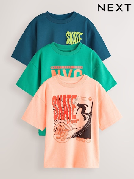 Fluro Coral/ Blue/ Green Skate Relaxed Fit Graphic Print Short Sleeve 100% Cotton T-Shirts 3 Pack (3-16yrs) (AG3076) | €26 - €35
