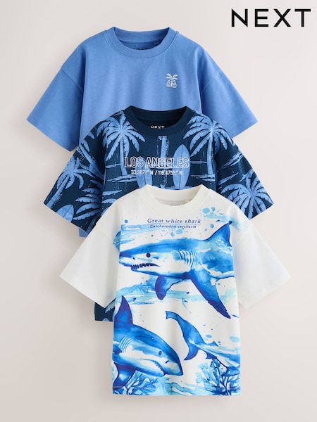Blue/ White Shark - Tricouri cu croi lejer și imprimeu grafic, mânecă scurtă, 100% bumbac, pachet de 3 bucăți (3-16ani) (AG3078) | 149 LEI - 194 LEI